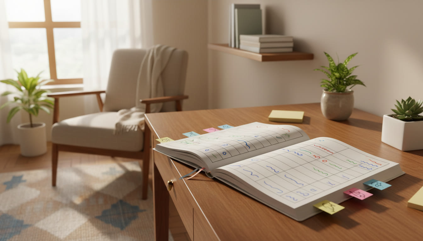 Photo Idea : Open notebook with a neat error-log table and colored sticky notes marking weak chapters