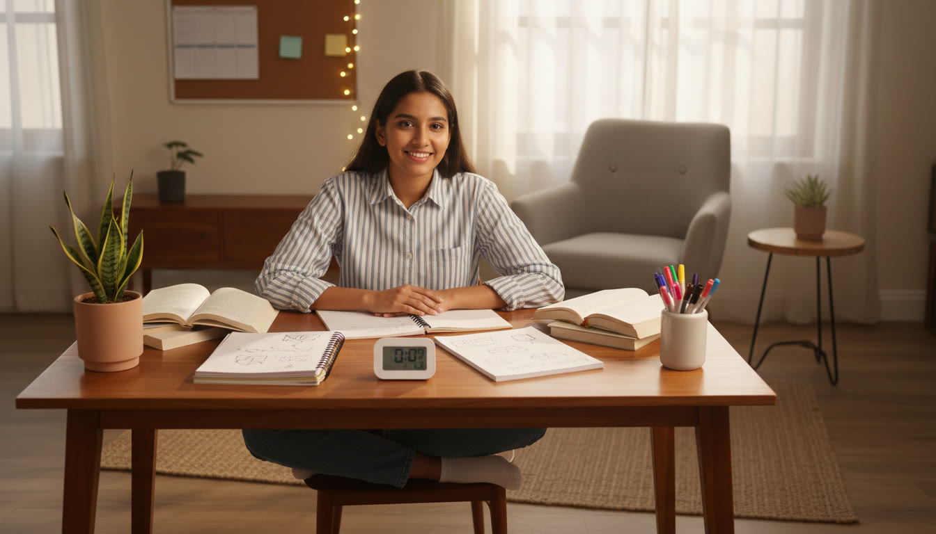 Photo Idea : Student at a tidy desk with open notebooks, a timer, and colored pens