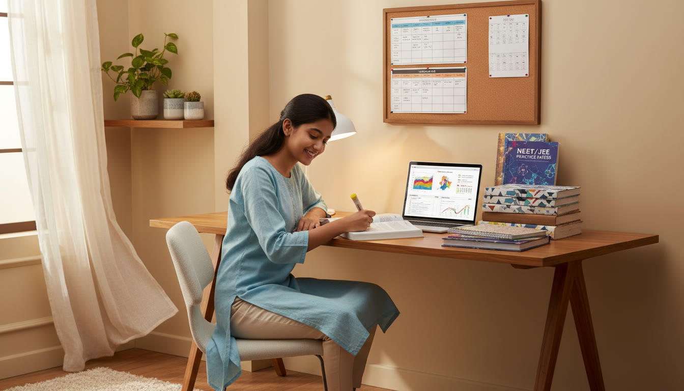 Photo Idea : A focused student at a tidy desk with ICSE textbooks, NEET/JEE practice papers, and a visible timetable on the wall