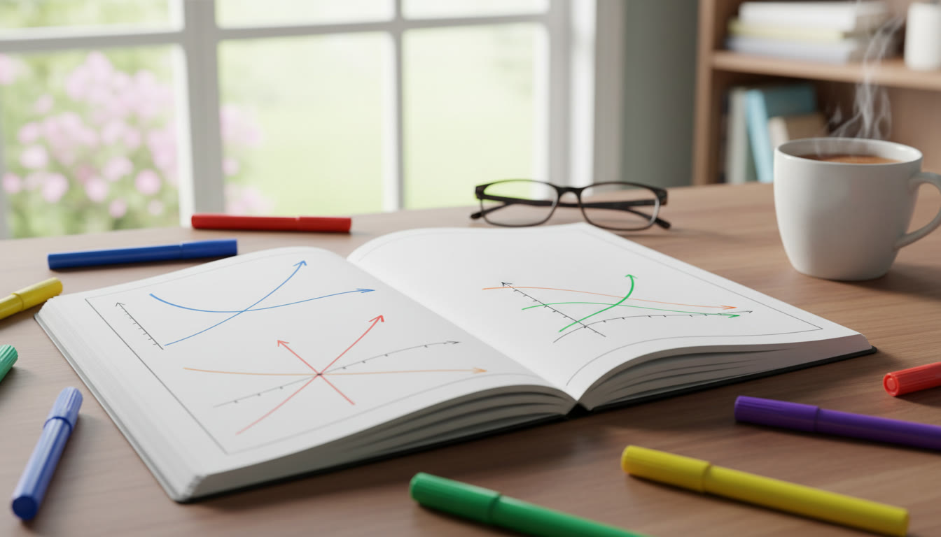 Photo Idea : Student sketching supply and demand curves in a notebook with colored pens nearby