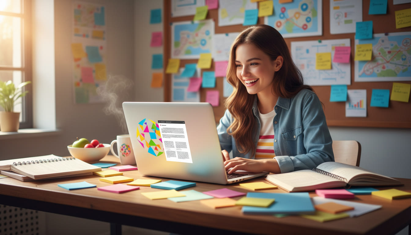 Photo Idea : A student at a desk surrounded by colorful notes and a laptop with a highlighted TOK essay draft