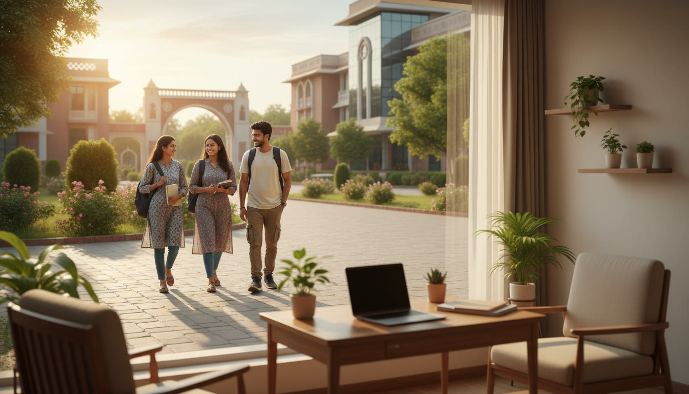 Photo Idea : Small group of students walking across a medical college campus between classes