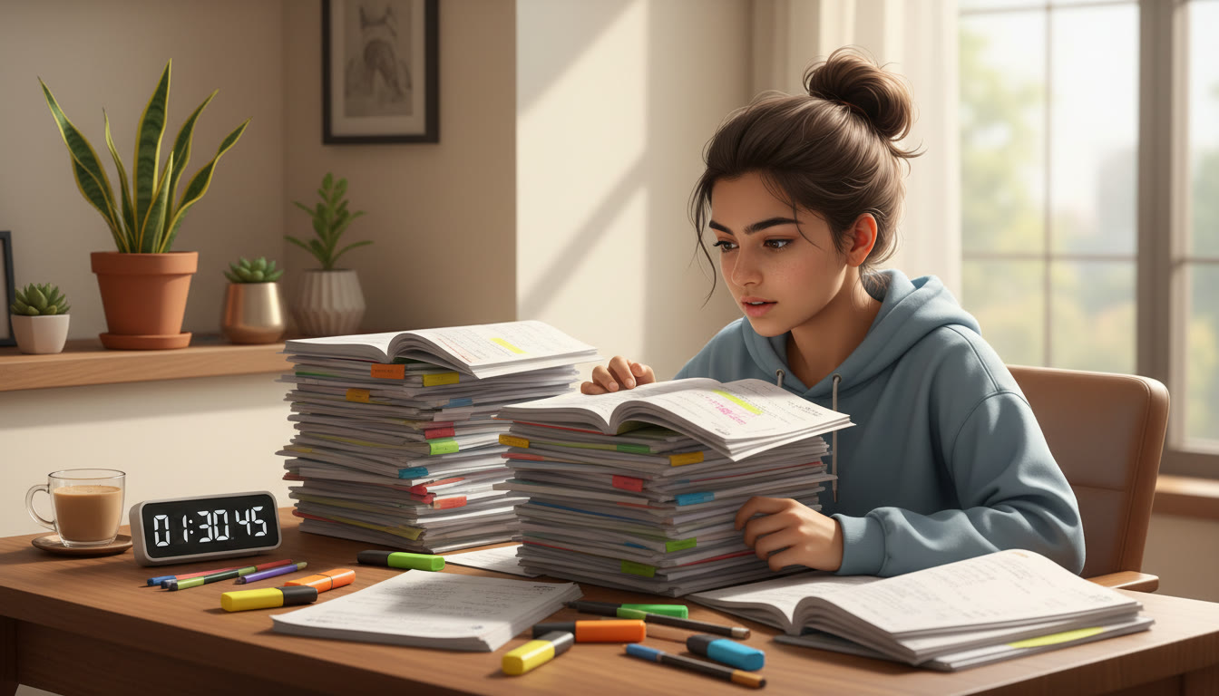 Photo Idea : A focused student solving a stack of previous year papers at a desk with a timer and highlighters