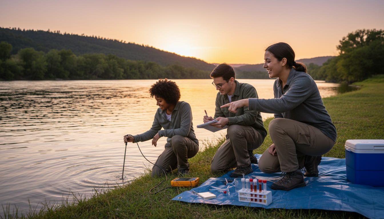 Photo Idea : Students conducting a water quality test beside a river, recording readings in a lab notebook