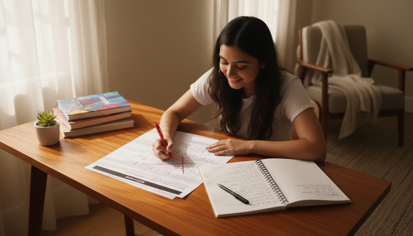 Photo Idea : A student marking incorrect answers on a printed mock test and writing notes in an error-log notebook