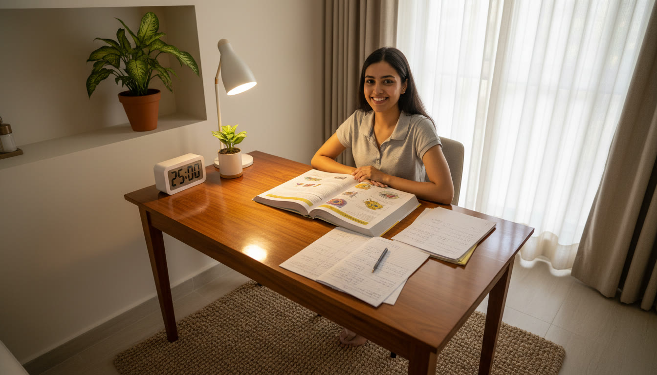 Photo Idea : Student at a desk with an open biology book, neat handwritten notes, and a timer set for a study session