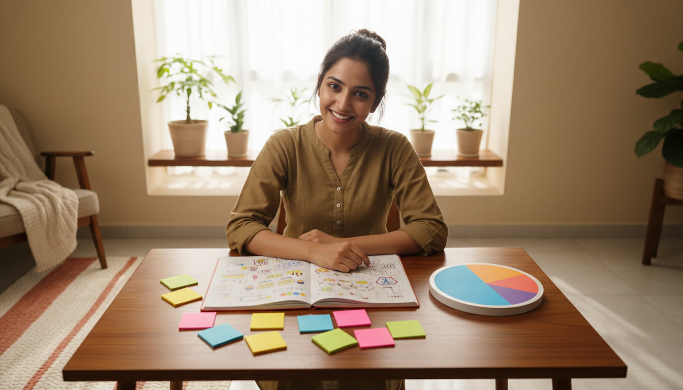 Photo Idea : student at a desk with open notebook, colourful sticky notes and a clock showing scheduled study blocks