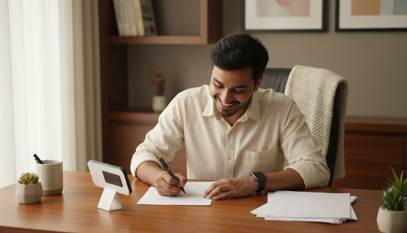 Photo Idea : Student at a desk taking a timed mock test with an OMR sheet and a visible stopwatch