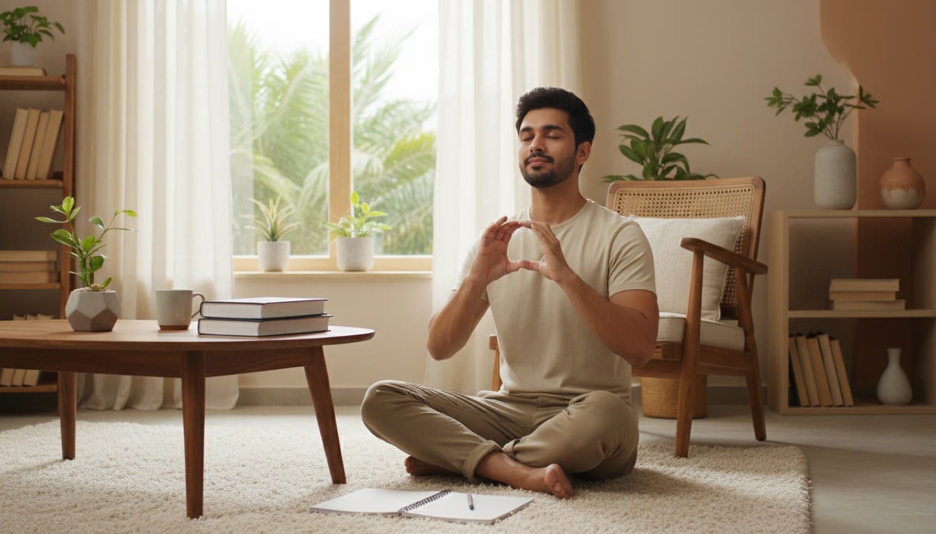 Photo Idea : A student practicing box breathing outdoors with textbooks closed nearby