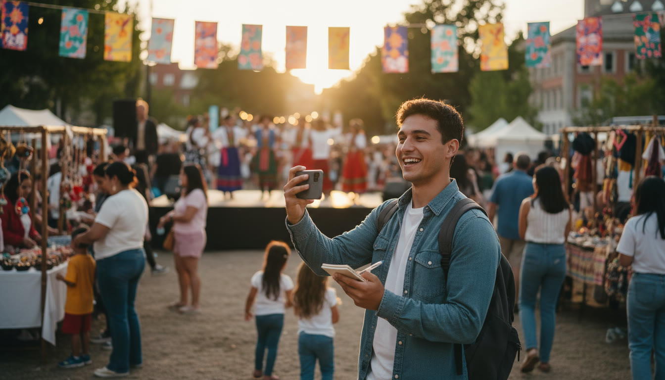 Photo Idea : A student photographing a community event with a smartphone while taking notes