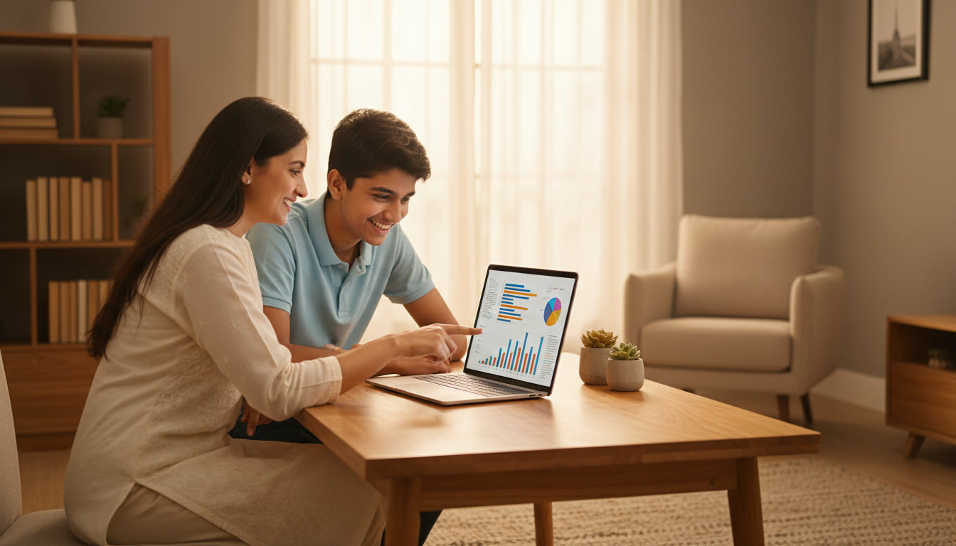 Photo Idea : Student and tutor reviewing a mock test analysis on a laptop