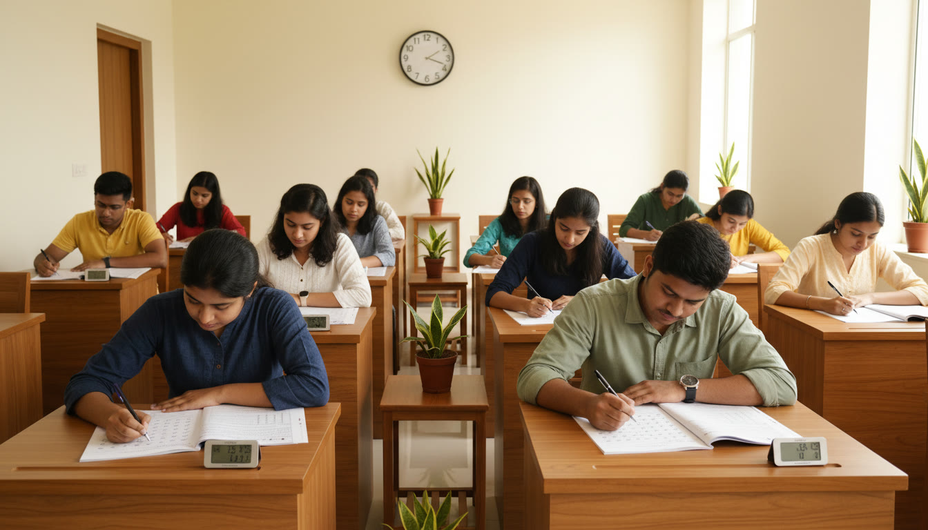 Photo Idea : Students in a mock exam hall practising OMR filling and time management