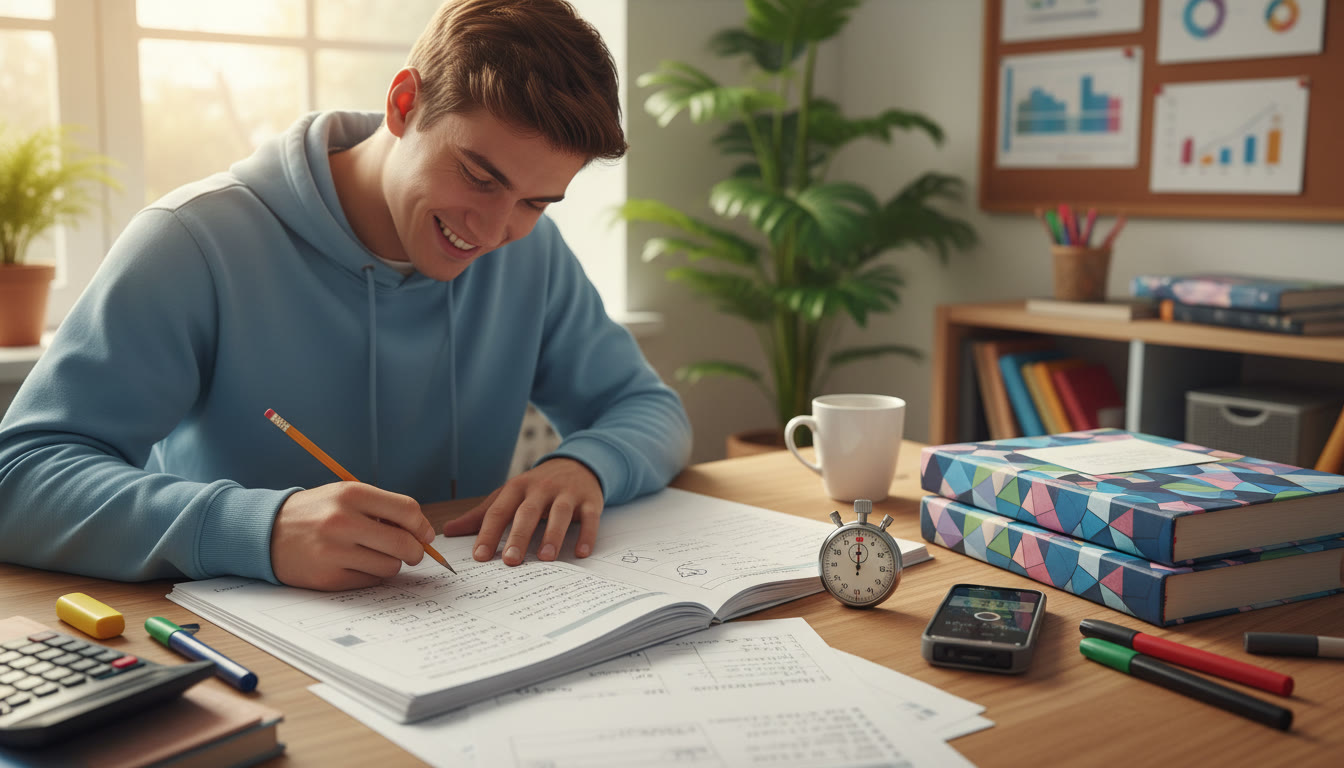 Photo Idea : A student solving a timed past paper at a table with a stopwatch