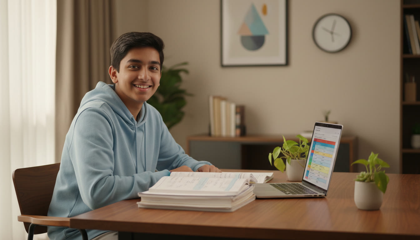 Photo Idea : A focused student at a tidy desk with notebooks, a laptop showing a study timetable, and a clock indicating concentrated study time.