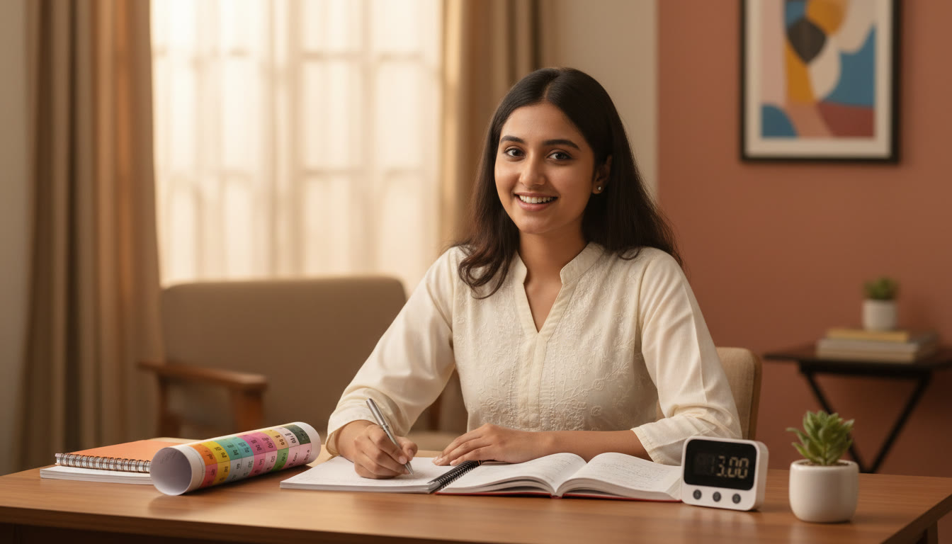 Photo Idea : A student at a tidy study desk, notebooks and a periodic table nearby, writing in a notebook while a timer runs