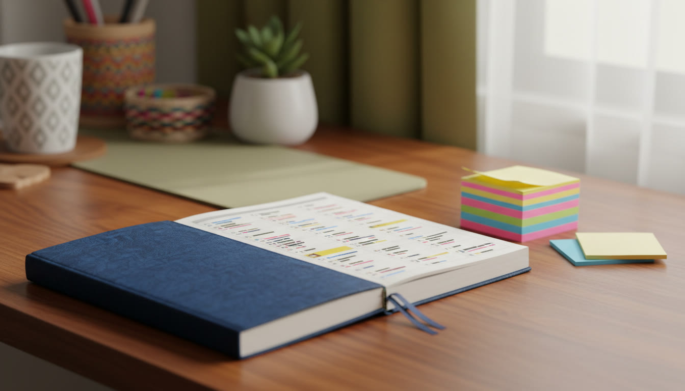 Photo Idea : Close-up of a neatly filled error log notebook beside a stack of colored sticky notes