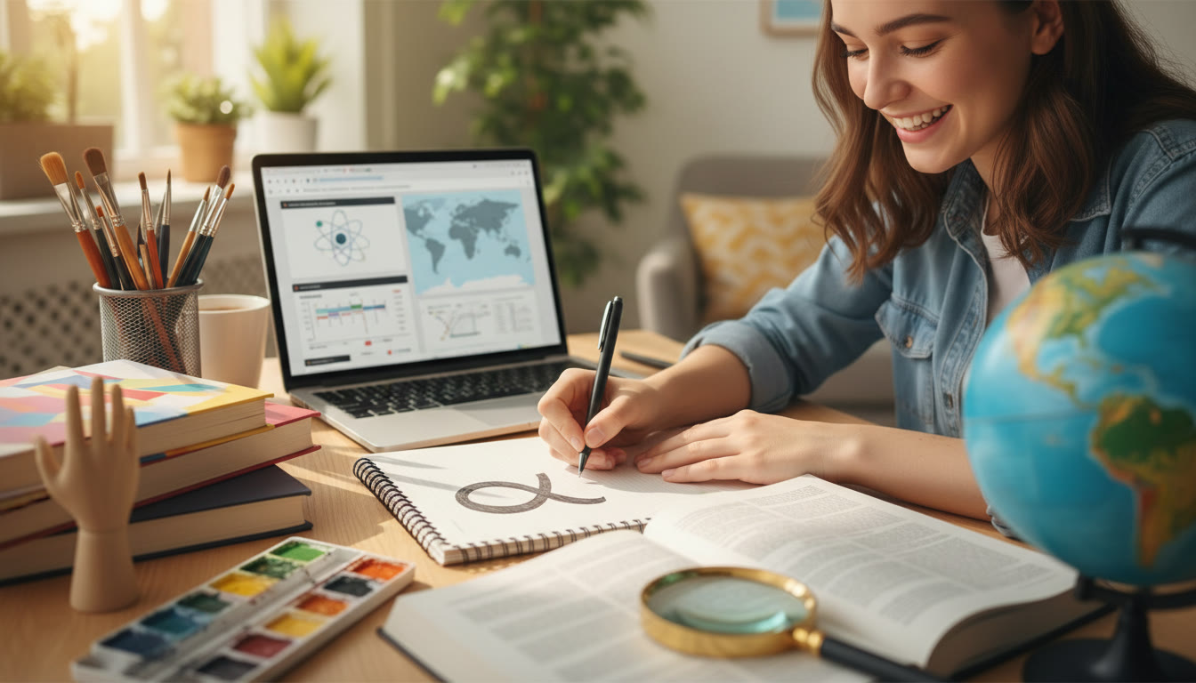 Photo Idea : close-up of student writing in a notebook surrounded by subject-specific materials and a laptop with research tabs open