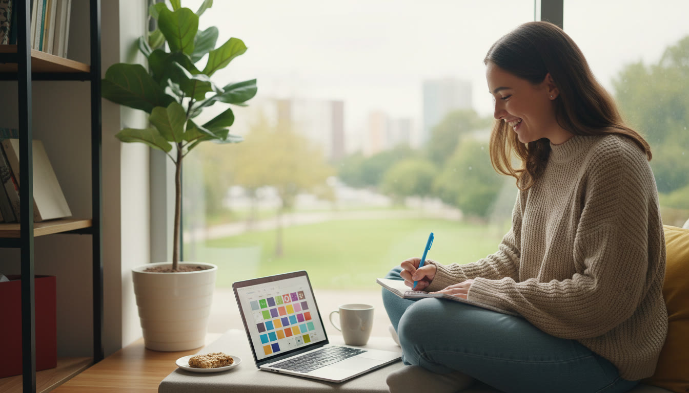 Photo Idea : a student writing in a journal beside a laptop showing a CAS log