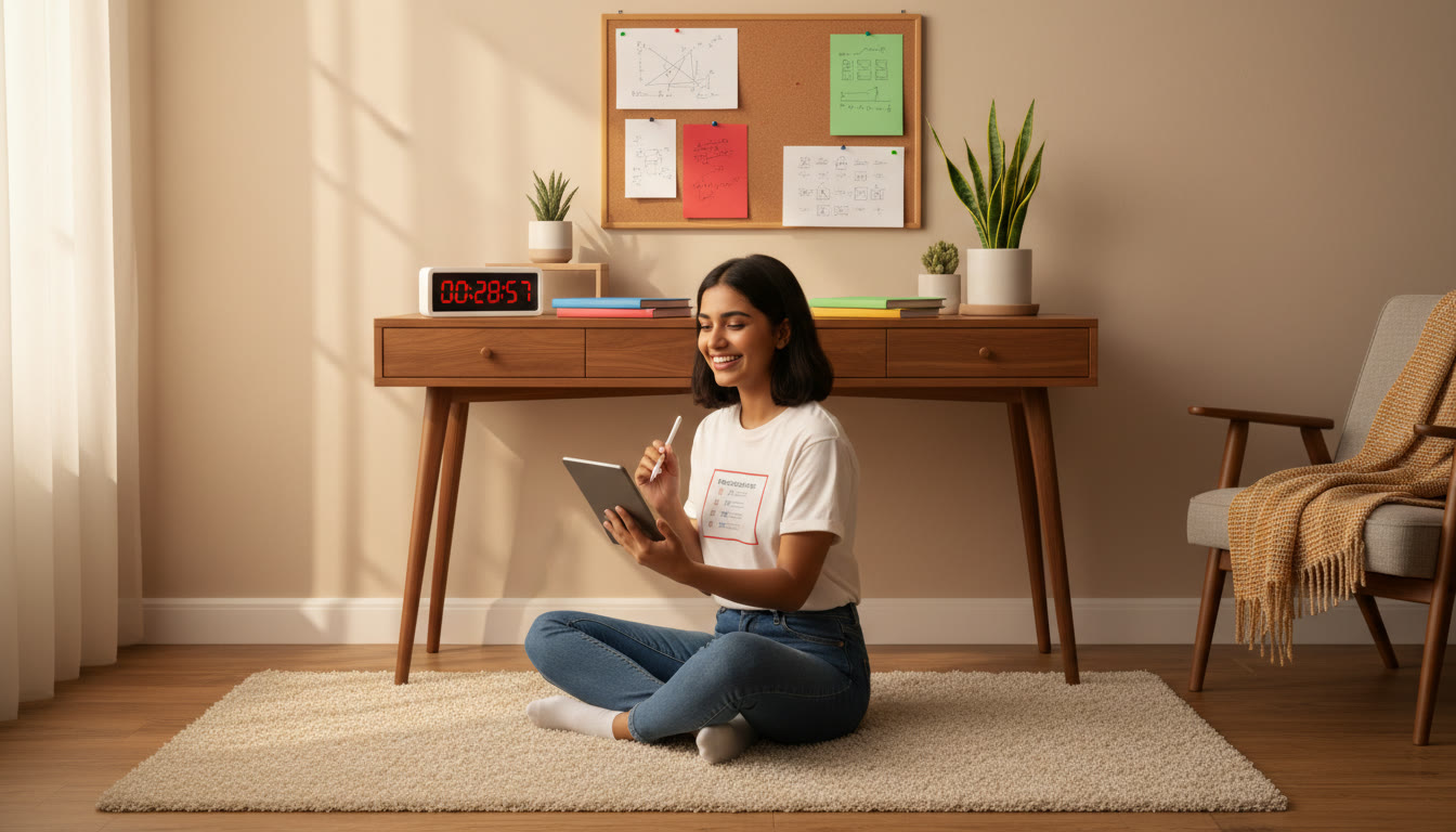 Photo Idea : Student in a tidy study corner practicing MCQs with a timer and color-coded notes