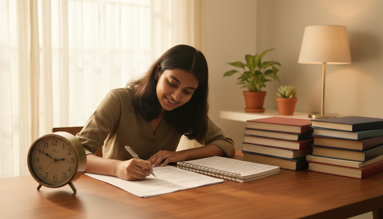 Photo Idea : A focused student at a desk doing a timed mock paper with textbook stacks, a clock, and neatly written notes.