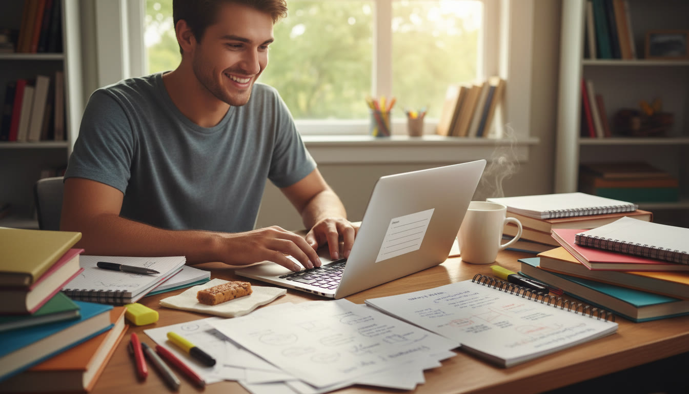 Photo Idea : A student at a desk surrounded by notes and an open laptop, drafting answers to UCAS structured questions