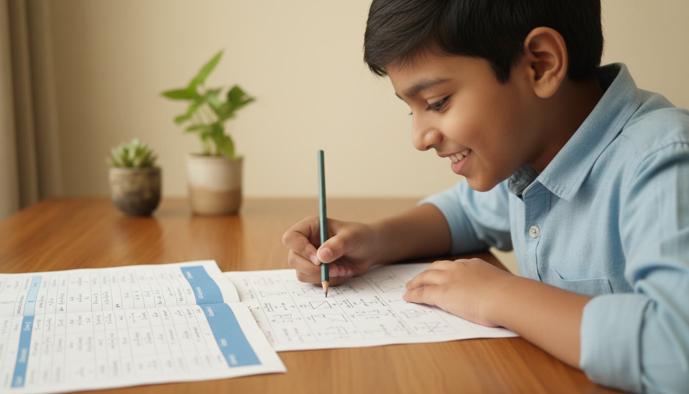 Photo Idea : Close-up of a student solving math problems on paper with a pencil and a neat formula sheet nearby