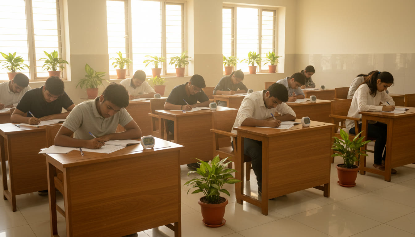 Photo Idea : Students taking a timed mock test in a quiet hall with OMR sheets and timers visible.