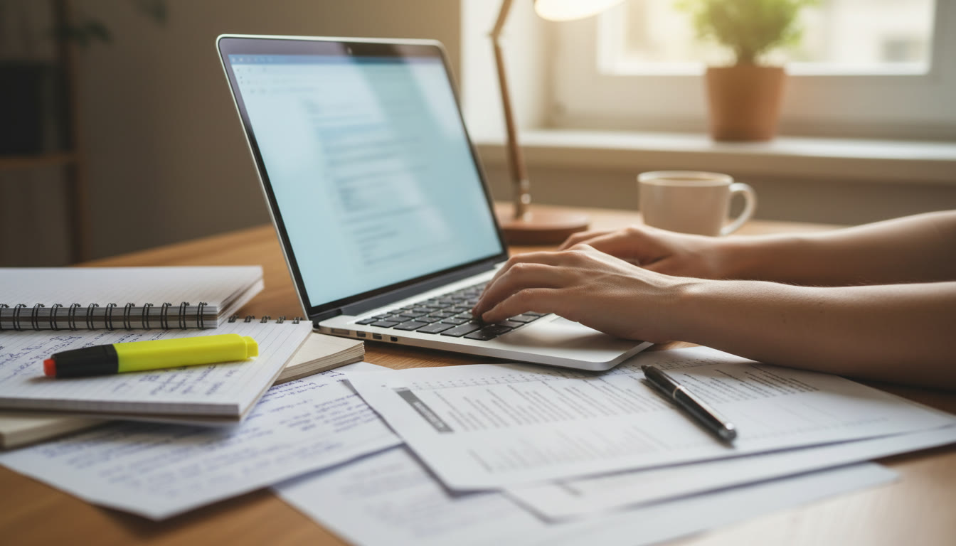 Photo Idea : close-up of hands typing on a laptop with pages of notes and a printed bibliography nearby