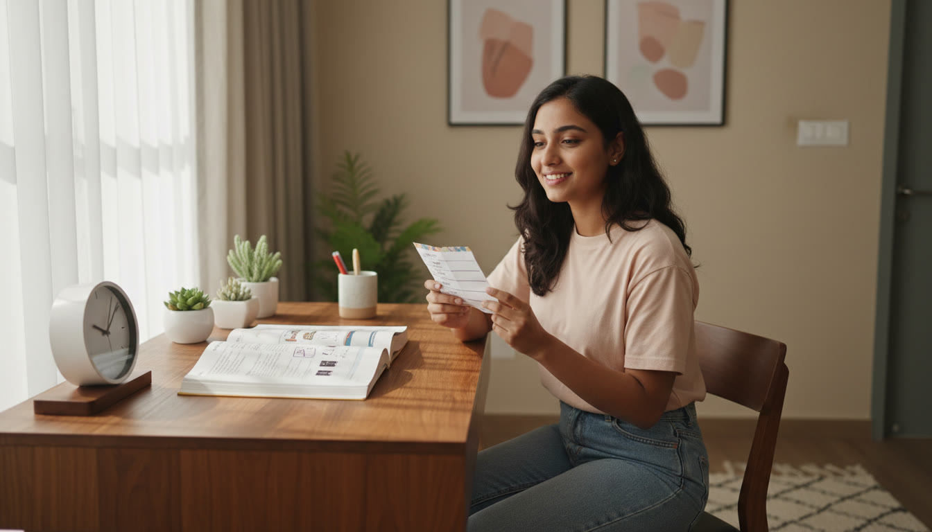 Photo Idea : Student at a tidy desk checking a short printed checklist beside an open textbook and a clock