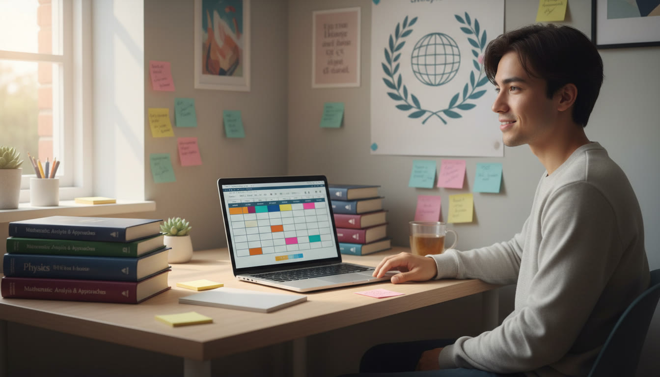 Photo Idea : A focused student at a tidy desk surrounded by IB textbooks, colorful sticky notes and a laptop open to a study timetable