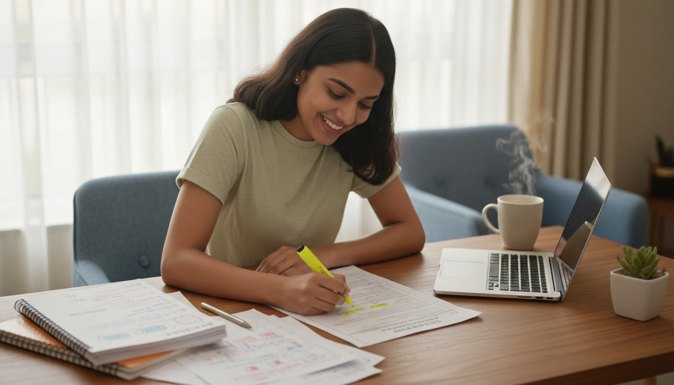 Photo Idea : A student marking answers on a printed full-length mock paper with a highlighter and notes beside a laptop