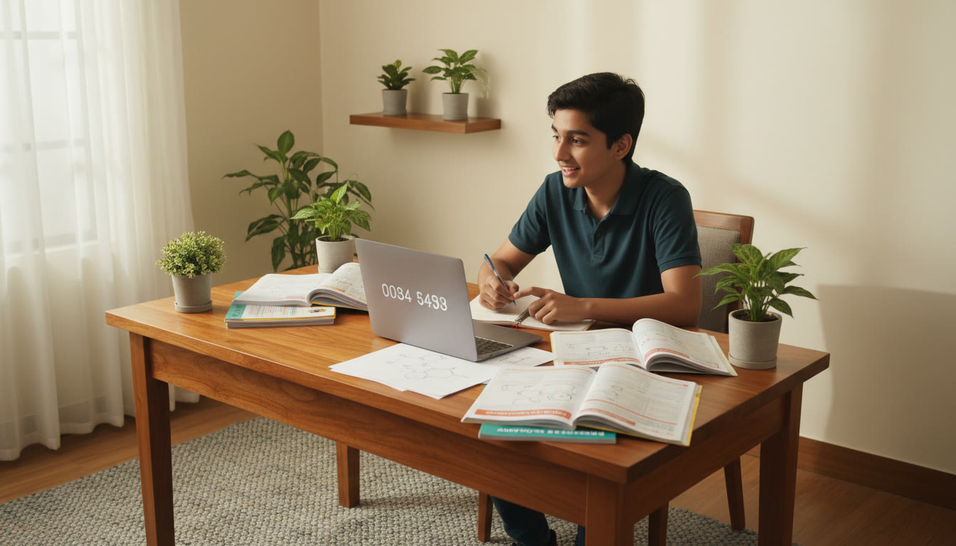 Photo Idea : A focused student solving chemistry problems at a desk with scattered PYQ booklets and a laptop showing a mock test timer