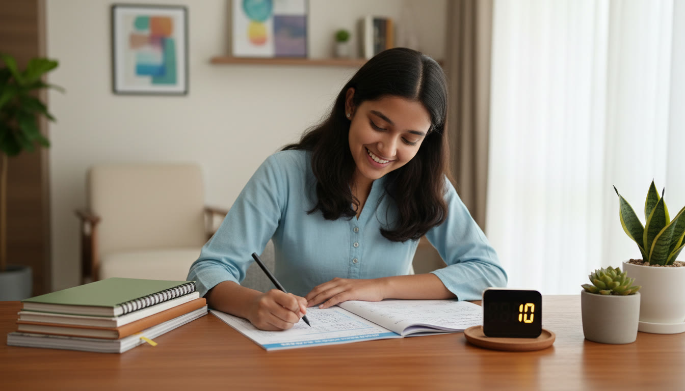 Photo Idea : Student at a desk solving NEET-style MCQs with an OMR sheet and a timer visible