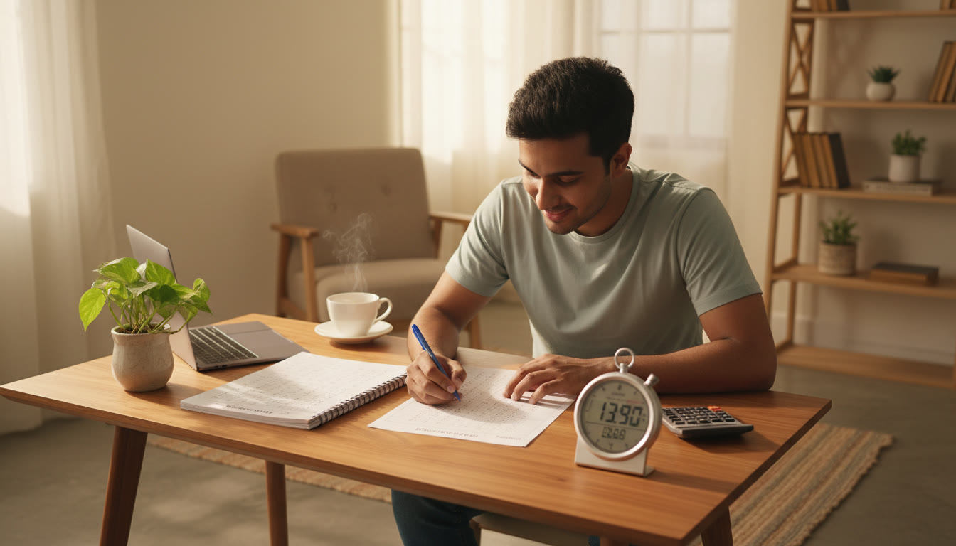 Photo Idea : A student taking a timed mock test with an OMR sheet, stopwatch, and calculator on the desk