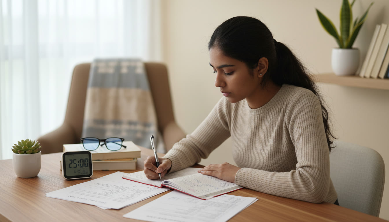 Photo Idea : A focused student at a tidy desk with a notebook, timer, and a printed mock test on the table