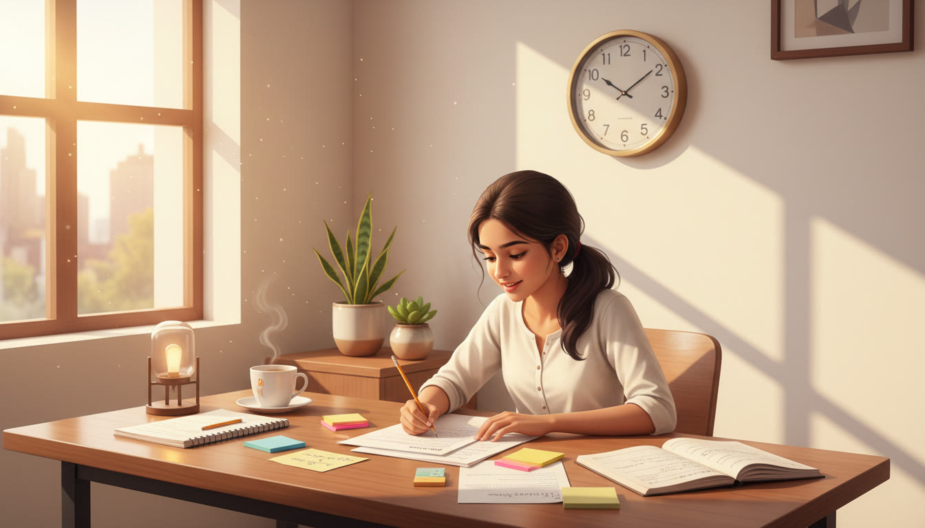 Photo Idea : Student solving a CBSE sample paper at a desk with notes and a clock
