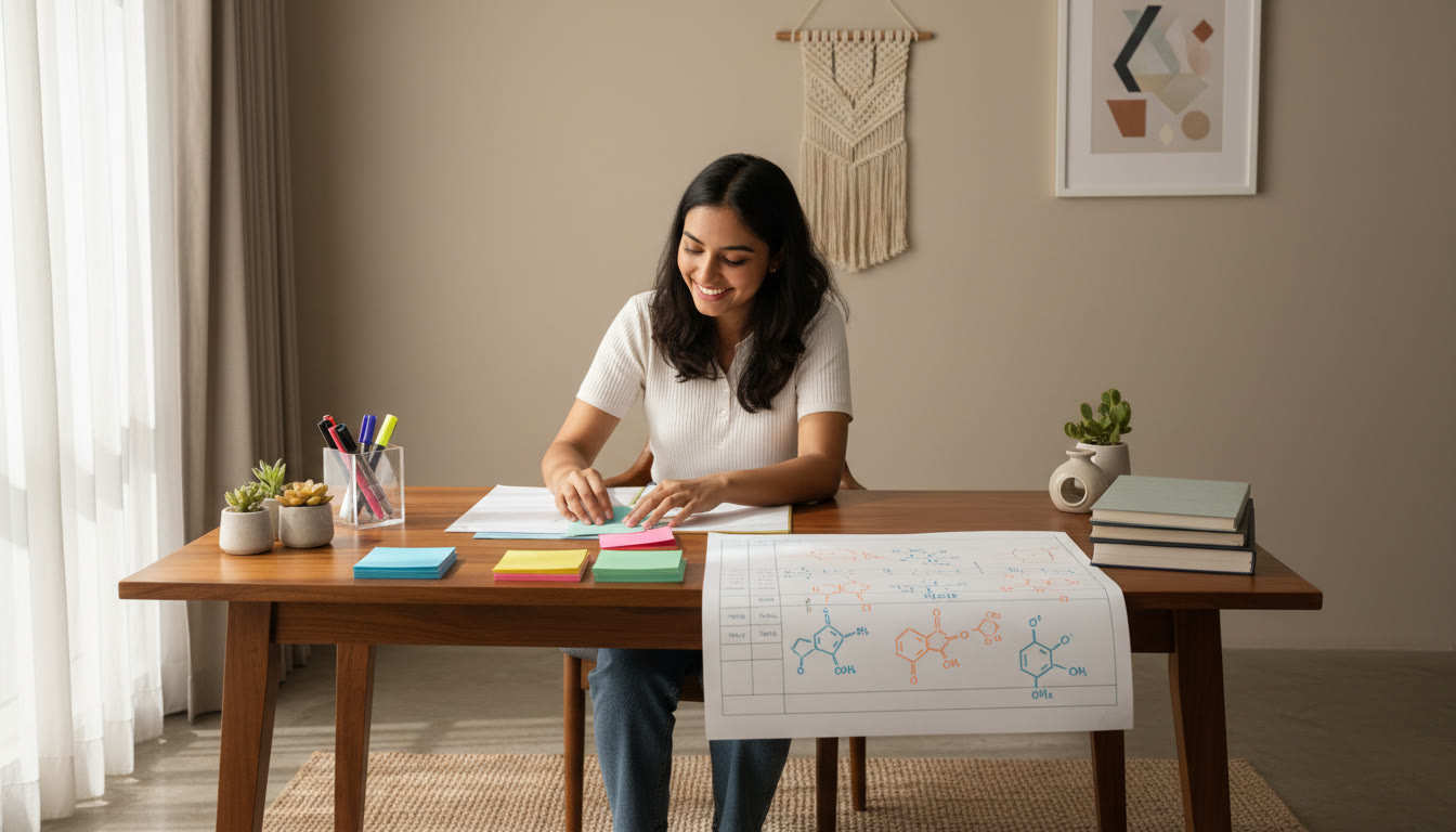 Photo Idea : Student arranging color-coded notes and a timetable with chemistry diagrams on a desk