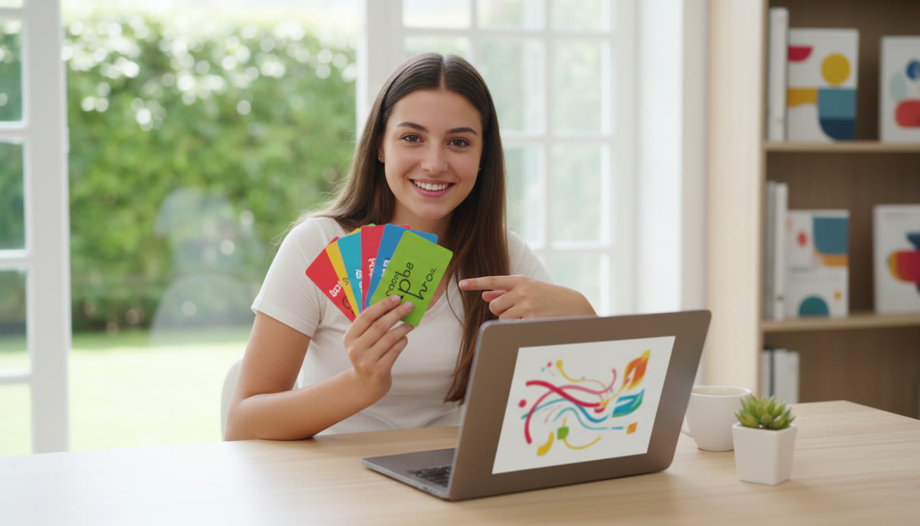 Photo Idea : Student studying Spanish vocabulary with colorful flashcards and a laptop