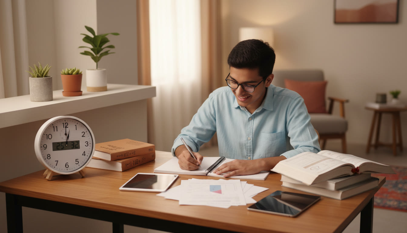Photo Idea : A focused student at a tidy desk with textbooks, notes, and a visible clock showing timed practice