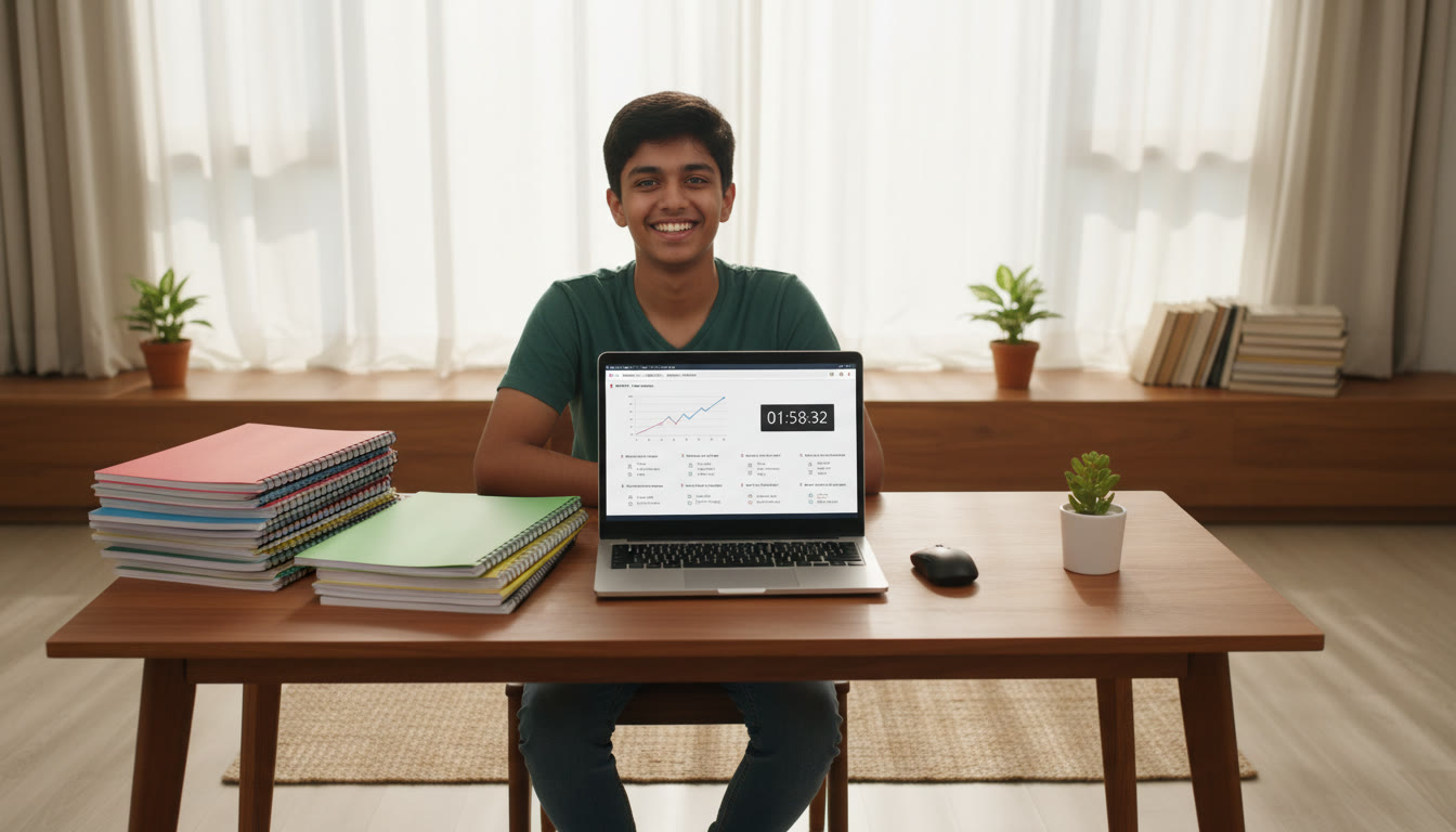 Photo Idea : Student at a desk with two stacks of notebooks labelled 