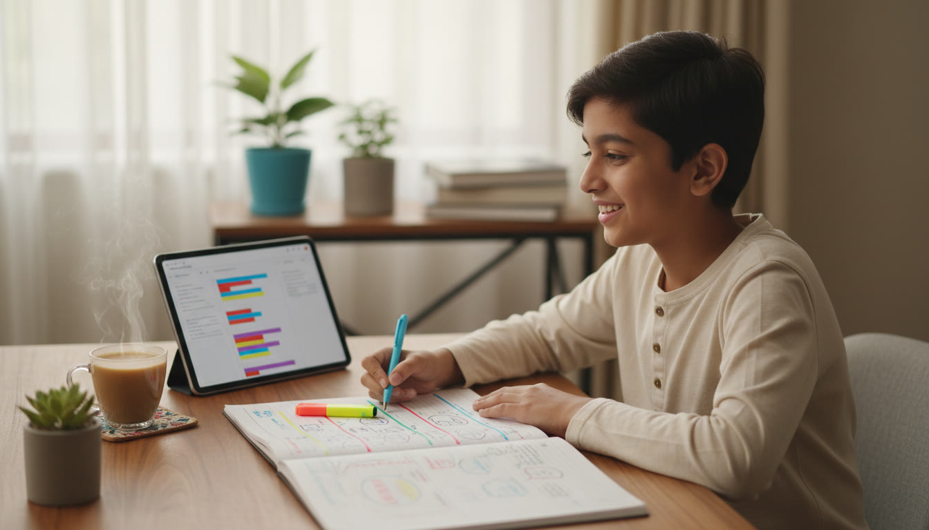 Photo Idea : A student reviewing an error log with color-coded notes and a cup of tea nearby