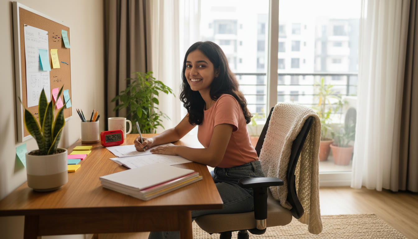 Photo Idea : Student solving a sample paper at a desk with a stopwatch and colorful sticky notes