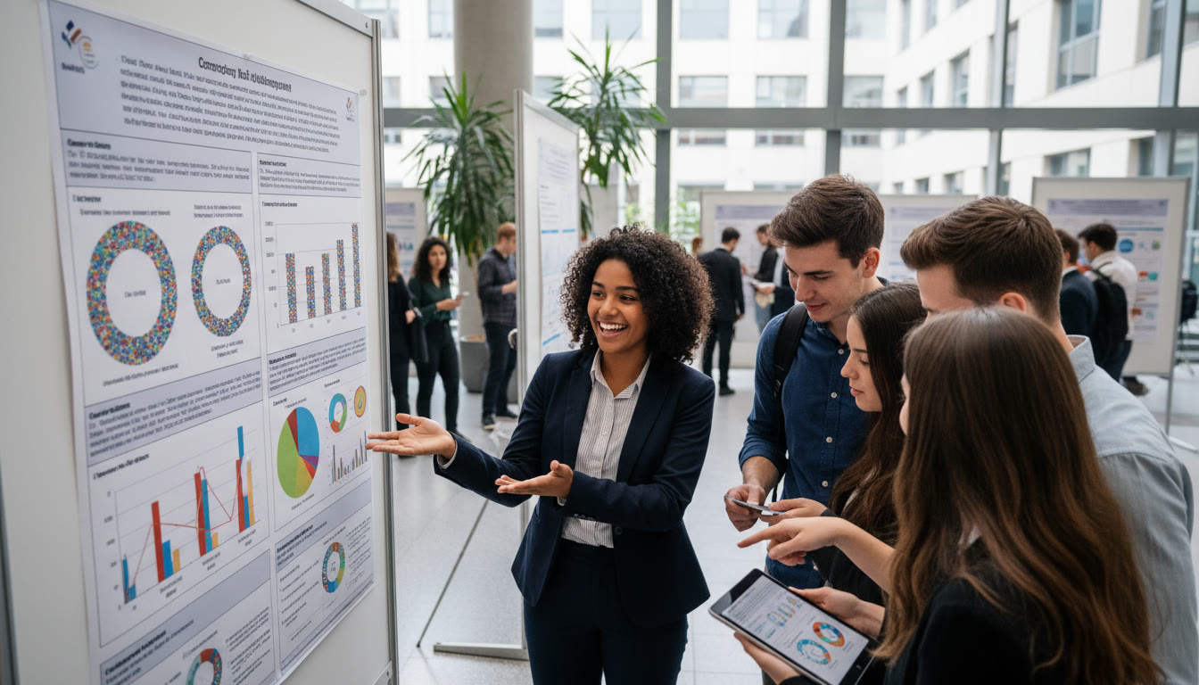 Photo Idea : Student presenting results at a university-level poster session, with a small group discussing graphs
