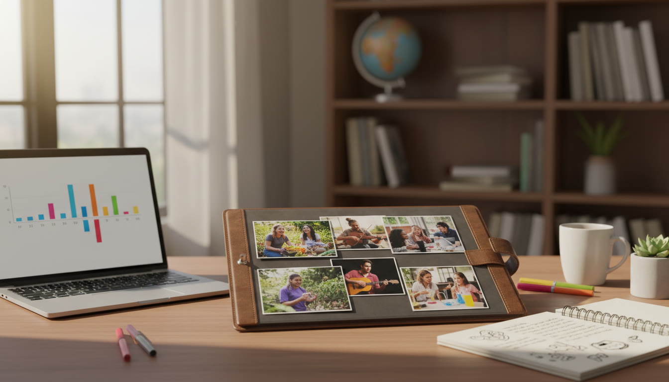 Photo Idea : an open portfolio on a desk with printed photos, a laptop screen showing a CAS timeline, and handwritten reflection notes