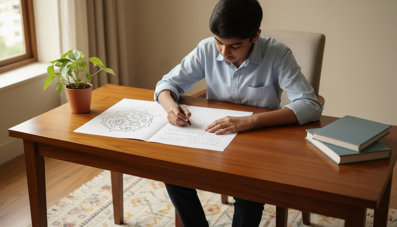 Photo Idea : Student writing neatly on an answer sheet, with a pen poised and a labeled diagram beside the written paragraphs