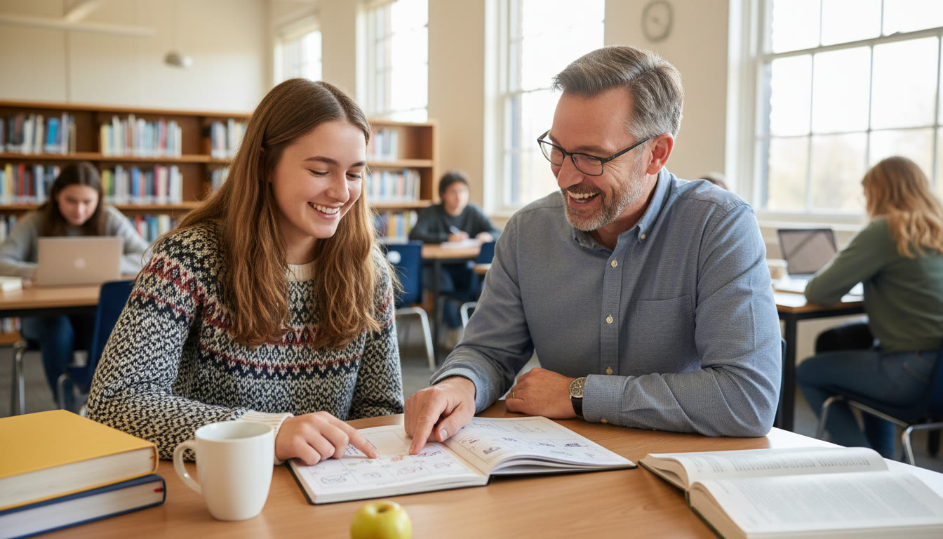 Photo Idea : A student meeting with an IB coordinator at a school table, pointing at a planner