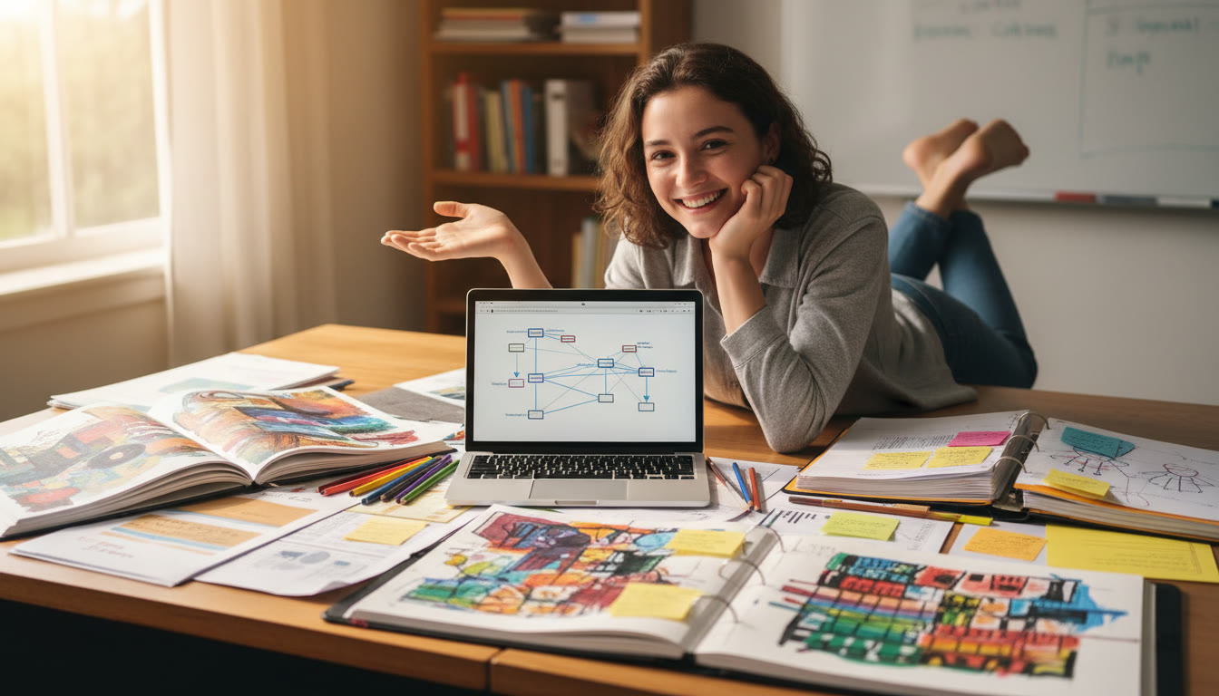 Photo Idea : A student laying out an art and academic portfolio across a desk with notes and a laptop