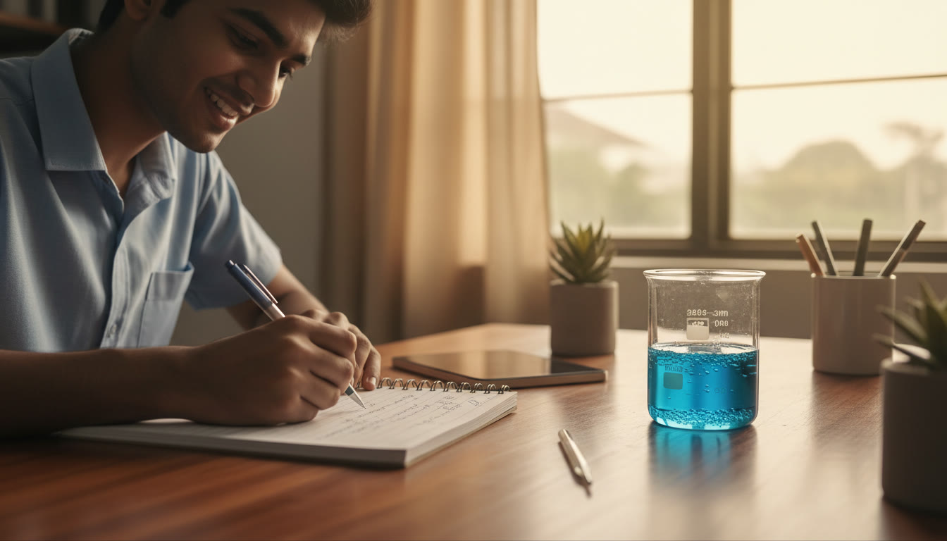 Photo Idea : Close-up of a student writing observations in a lab notebook next to a beaker and thermometer