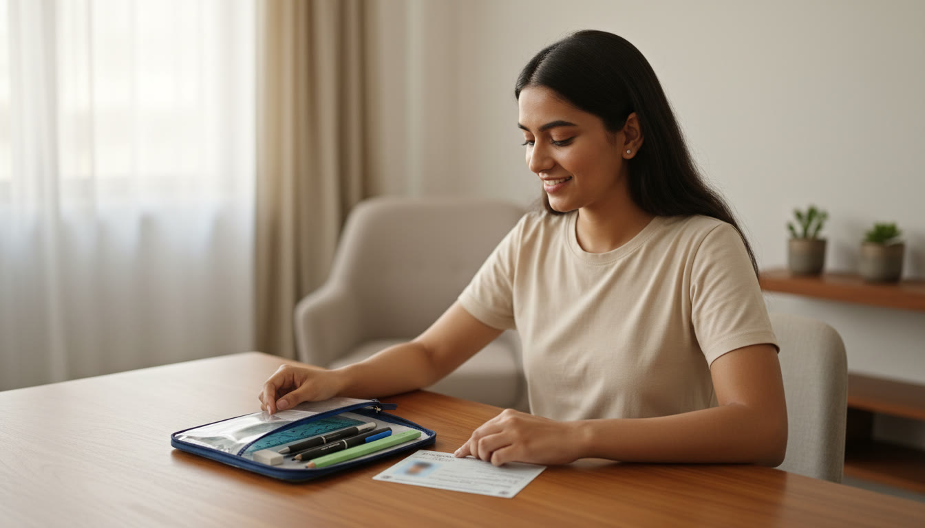 Photo Idea : A calm student checking a neatly packed exam kit with admit card and stationery