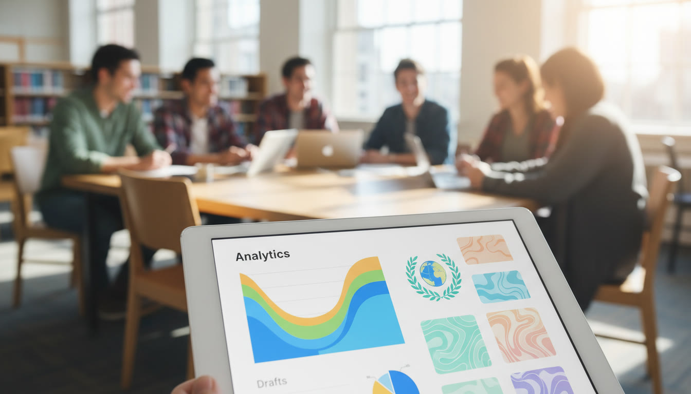 Photo Idea : close-up of a content portfolio on a tablet showing analytics and drafts